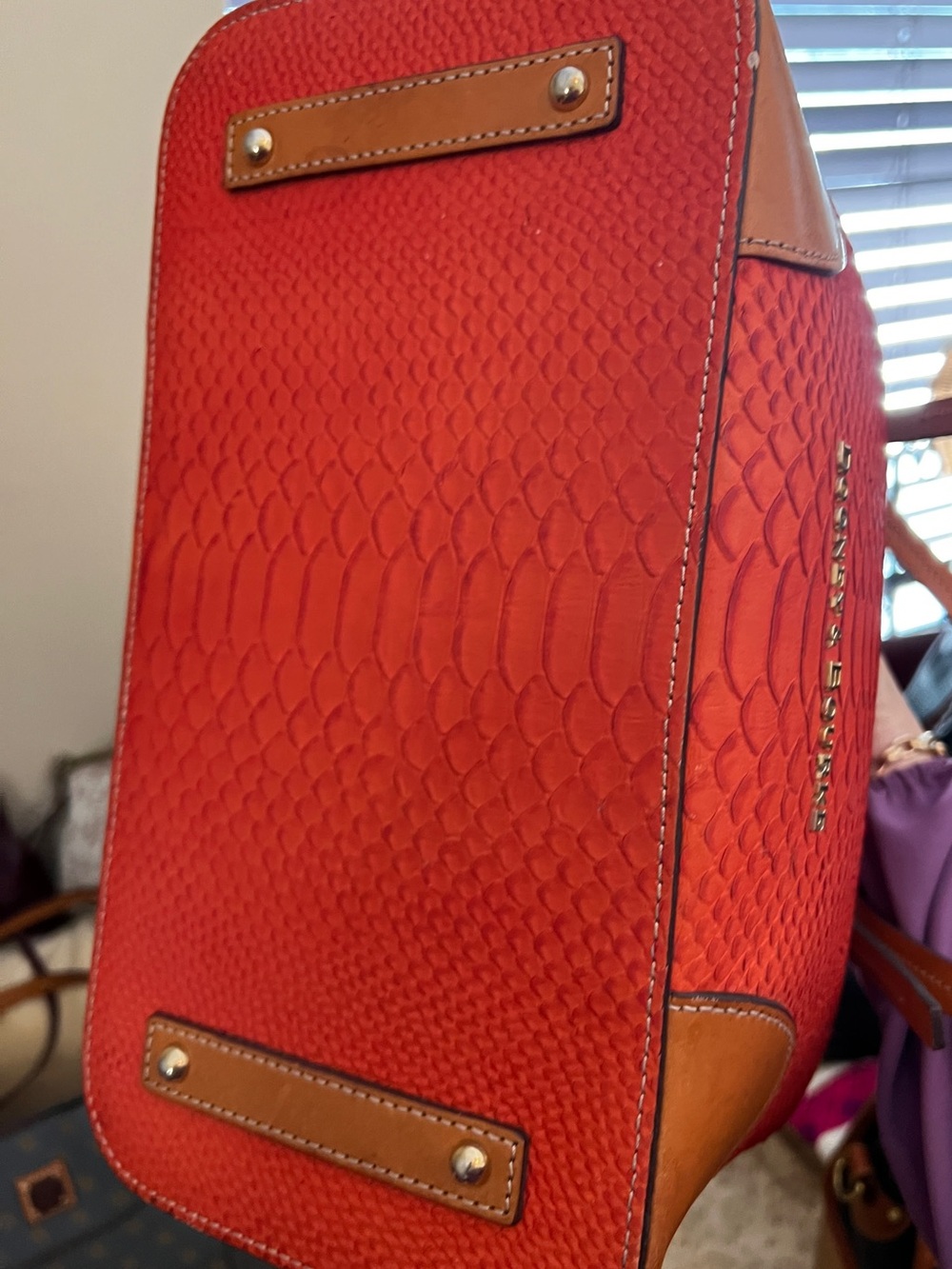 Dooney & Bourke Coral Orange Python Embossed Leather Tote Shoulder Bag Tan Trim - Picture 9 of 14